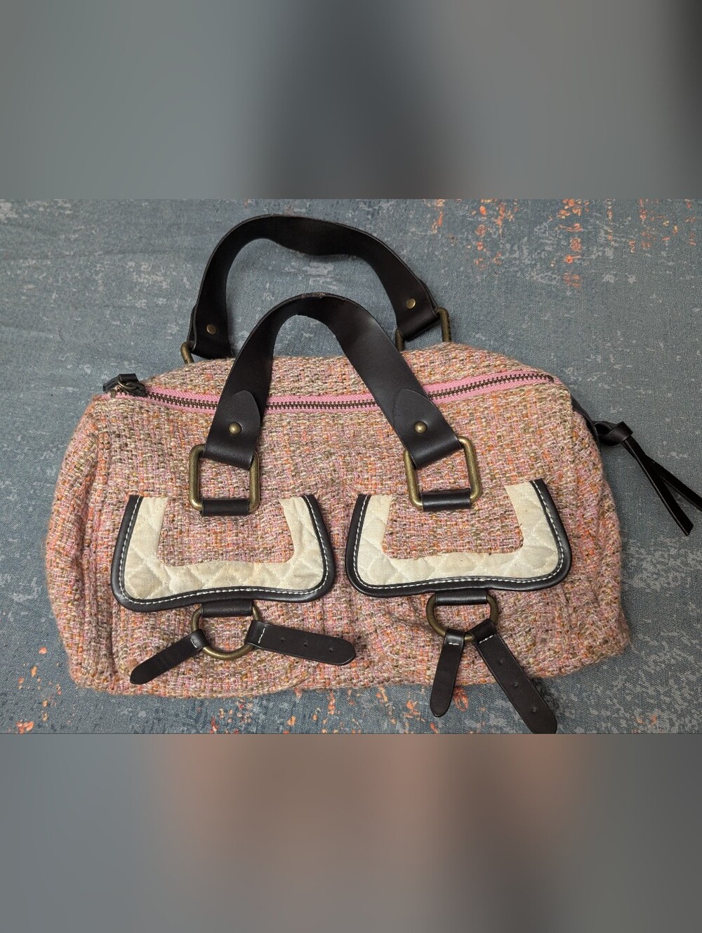 GAP Pink Tweed Satchel with Cream Quilted Accents